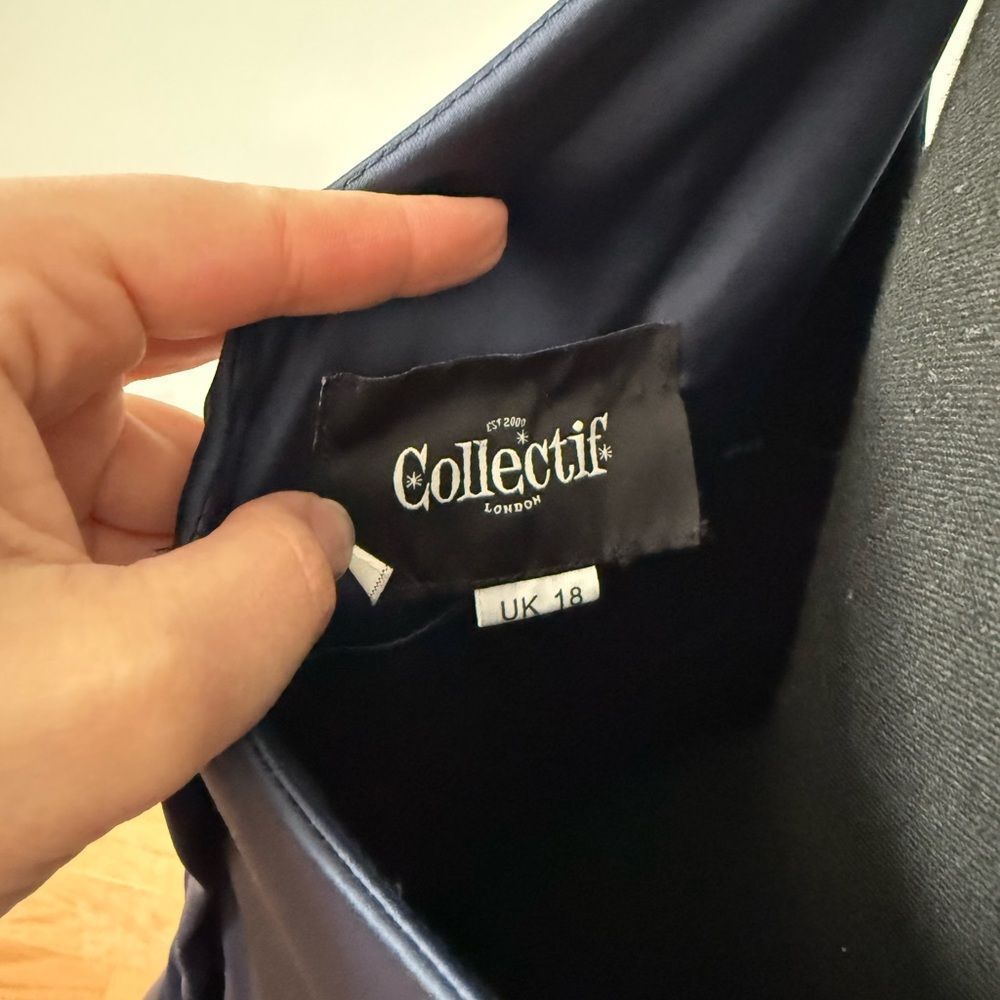 Collectif Navy Satin Formal Dress with White Belt - Picture 9 of 12